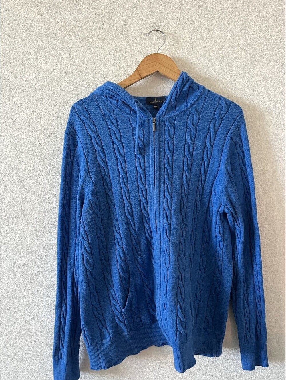 Brooks Brothers Mens L Blue Cable Knit Full Zip Hoodie Sweater